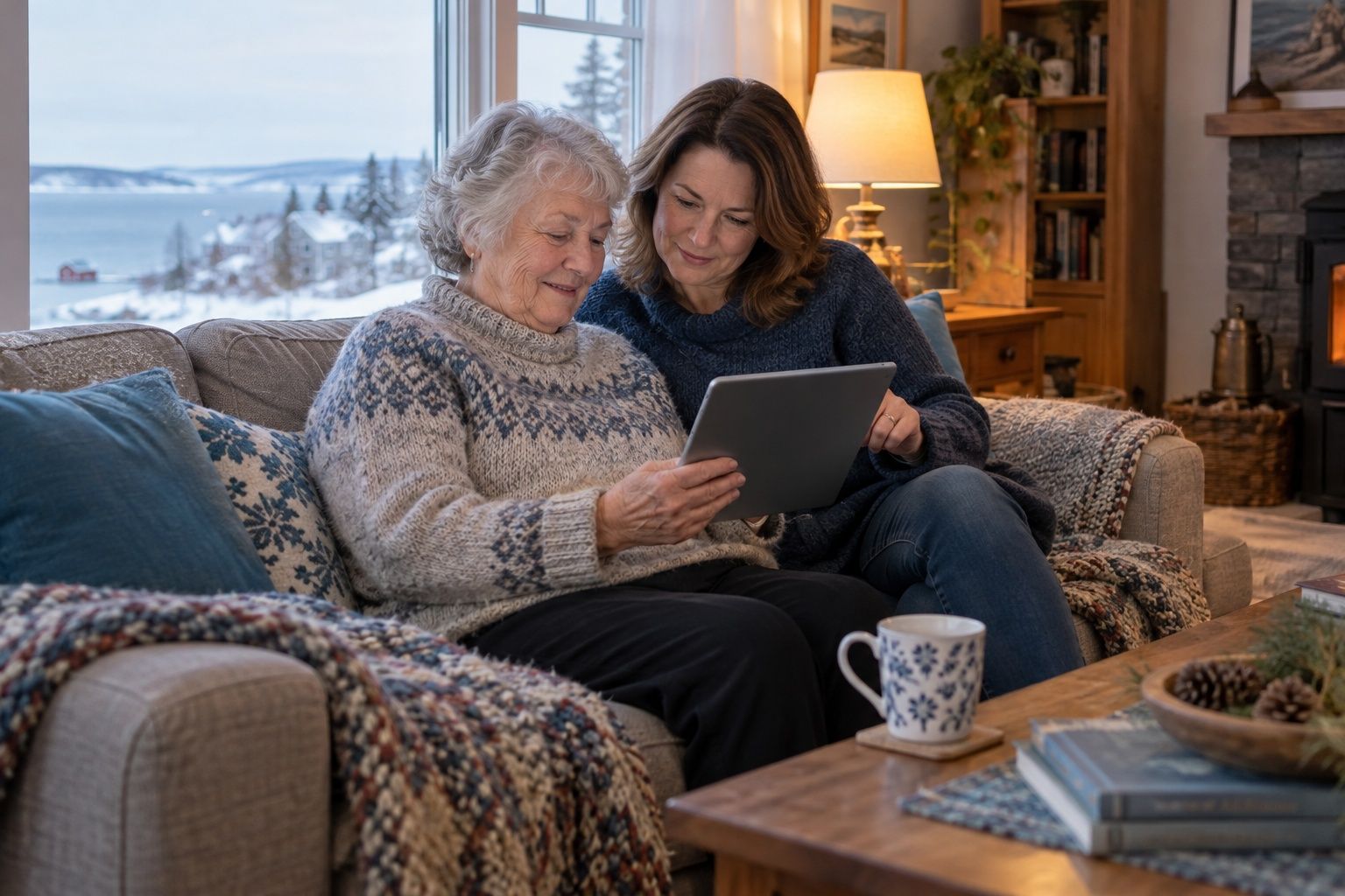 A daughter helping her mother with a tablet in a cosy living room