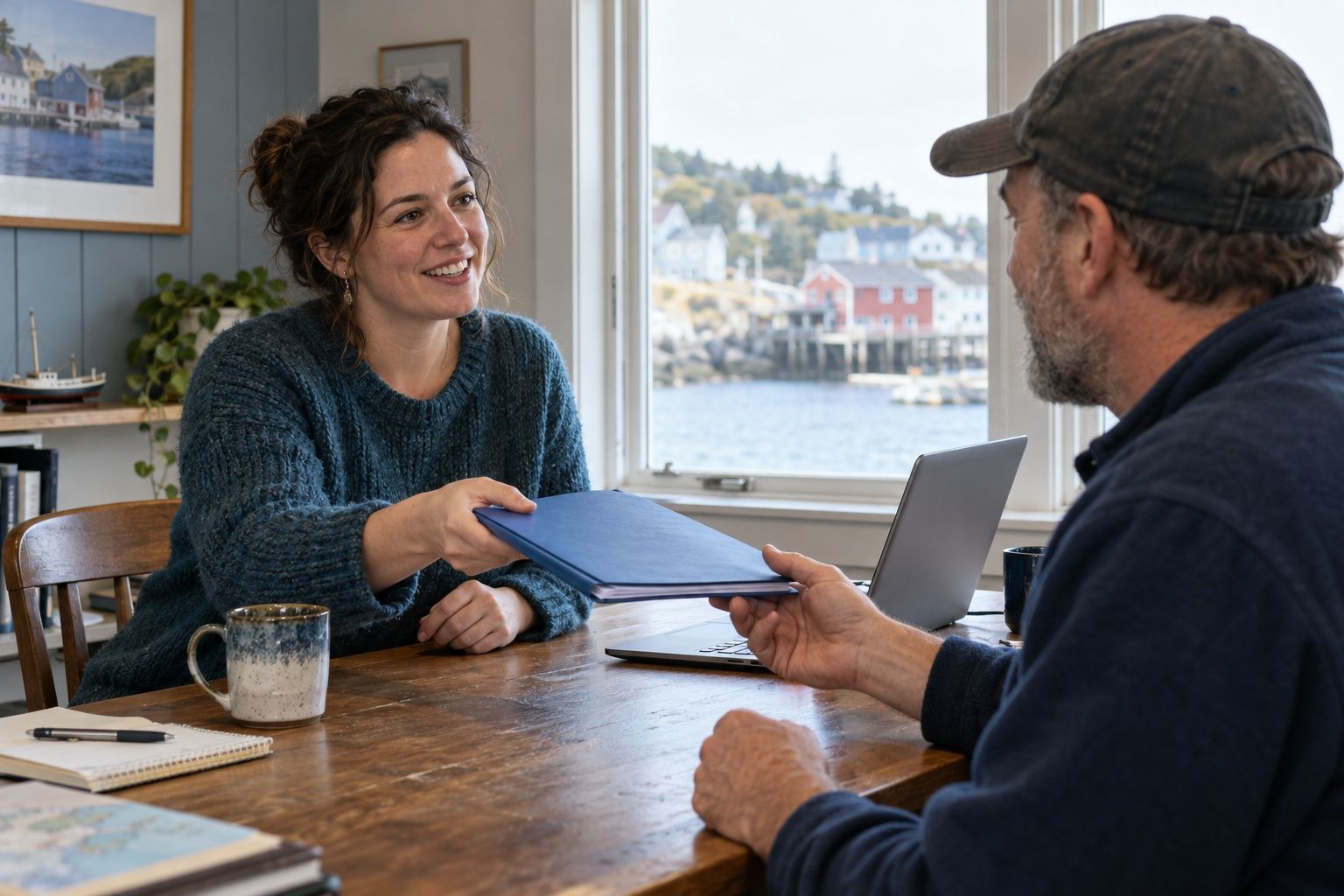 Two people at a table, one handing over a folder of notes