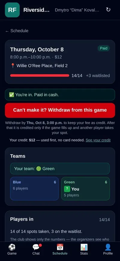 RosterPay on a phone: a player is signed up and paid for Thursday’s game