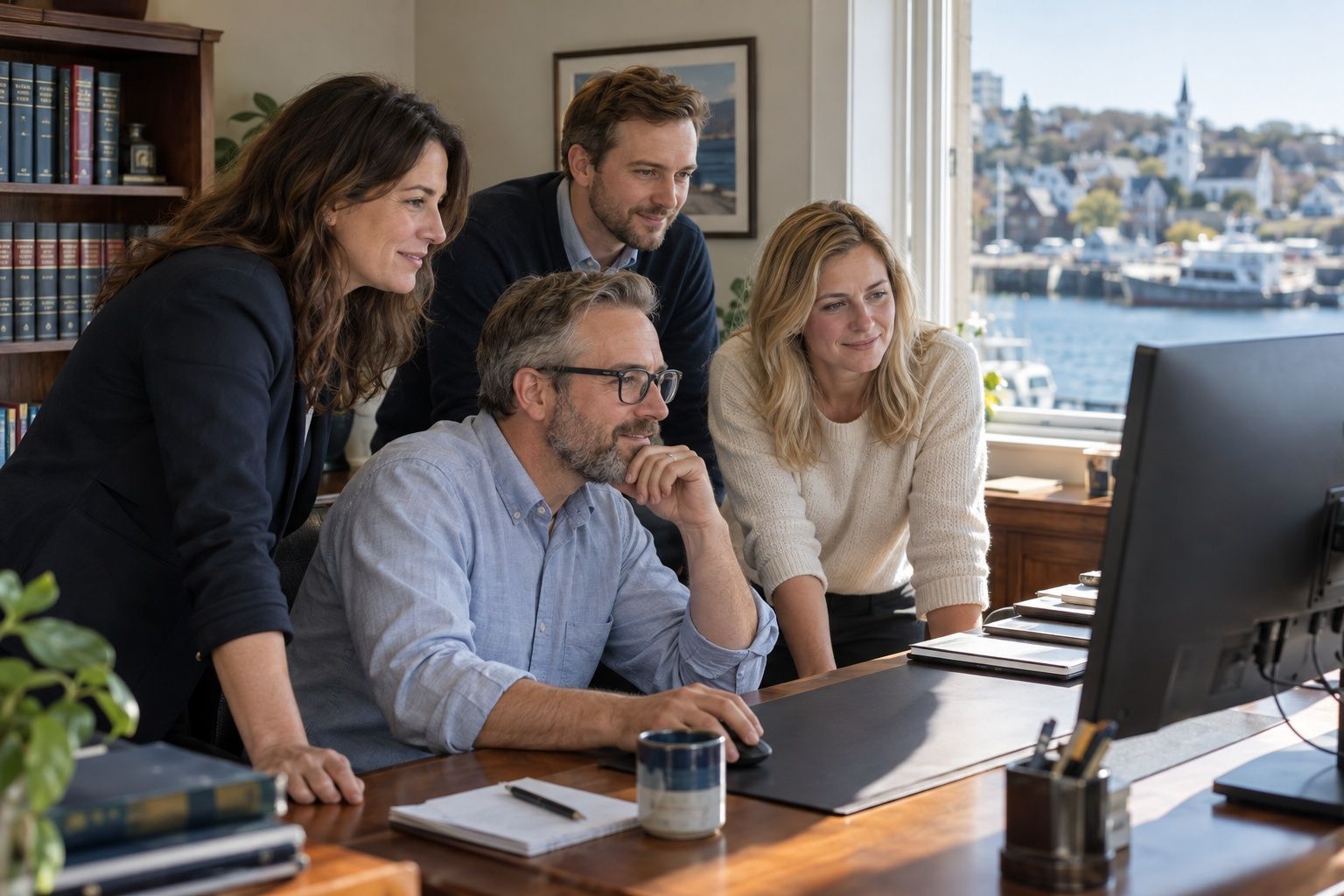 A small office team looking at one screen together